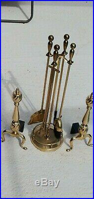 Contemporary Fireplace Tool Set Polished Brass Includes Stand and Andirons