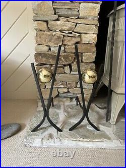 DONALD DESKY ANDIRONS. STEEL AND BRASS MIDCENTURY with Fireplace tools SET