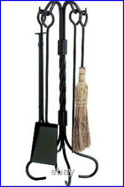 Dagan 5810 Wrought Iron Fireplace Tool Set Corn Broom & Twist Stand, Black