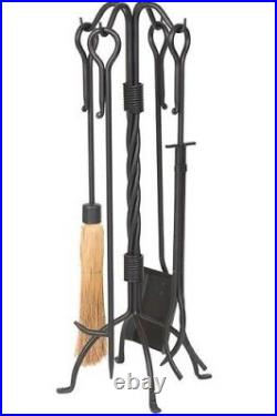 Dagan 5822 Wrought Iron Fireplace Tool Set Corn Broom & Twist Stand, Black