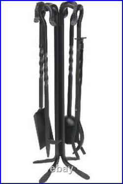 Dagan AHF102 Wrought Iron Fireplace Tool Set with Twist Handles, Black 5 P
