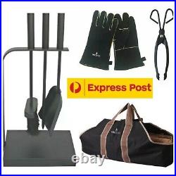 Decofire Bundle Fireplace Tool Set Leather Gloves Tongs Wood Carrier ExpressPost
