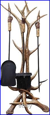 Decorative Antler Fireplace Tools (3 Piece Set) with Stand Brush, Shovel, Poke