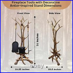 Decorative Antler Fireplace Tools (3 Piece Set) with Stand Brush, Shovel, Poke