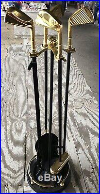Deluxe SET OF GOLF CLUB THEMED BRASS AND IRON FIREPLACE TOOLS Fathers Day RARE