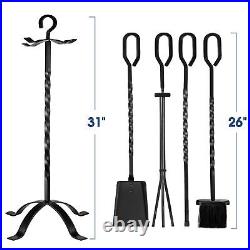 Delxo 5pcs Fireplace Tools Set 31inch Black Cast Iron Fire Place Tool Set wit