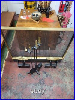 Donald Deskey Complete Set, Brass Andirons, Fireplace Tools And Screen