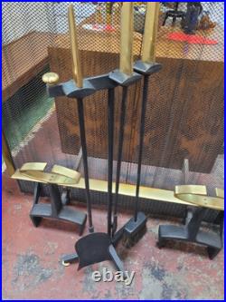 Donald Deskey Complete Set, Brass Andirons, Fireplace Tools And Screen