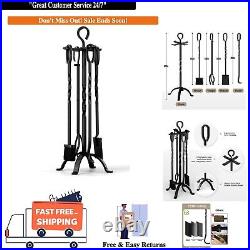 Durable 5-Piece Fireplace Tool Set with Stand Elegant Wrought Iron Collection