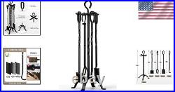 Durable 5-Piece Fireplace Tool Set with Stand Elegant Wrought Iron Collection