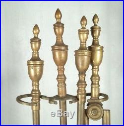EARLY 20th CENTURY SET OF DOUBLE URN FINIAL TOP BRASS FIREPLACE TOOLS AND STAND