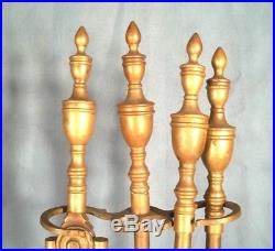 EARLY 20th CENTURY SET OF DOUBLE URN FINIAL TOP BRASS FIREPLACE TOOLS AND STAND