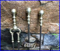 Early American brass set fireplace tools c1830 Tongs shovel poker 2 part handles