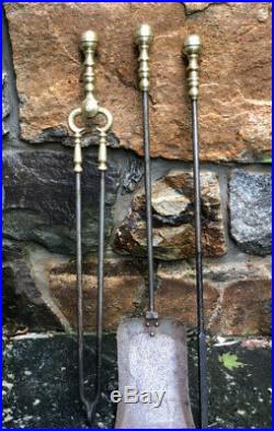 Early American brass set fireplace tools c1830 Tongs shovel poker 2 part handles