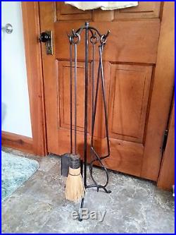 Early Vintage Heavy Duty Wrought Iron Fireplace Tool Set Hand Forged Antique
