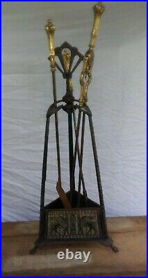 Egyptian Revival Cast Iron and Brass Fireplace Tool Set