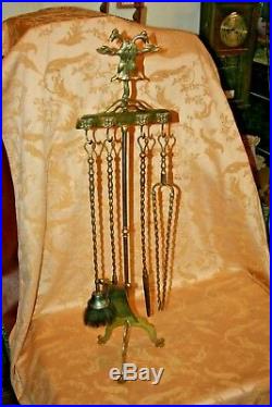 Elegant Antique 5-pc Solid Brass Hanging Fireplace Tool Set on 42 Tall Stand