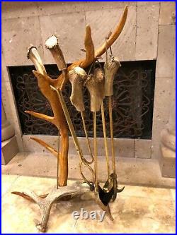 Elk Stag (moose Base) And Brass Fireplace Tool Set, Stunning, One Of A Kind