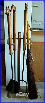 Equestrian Wood & Brass Horse Head 5 Piece Fireplace Tool Set In Stand B mark