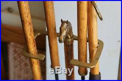 Equestrian Wood & Brass Horse Head 5 Piece Fireplace Tool Set In Stand B mark