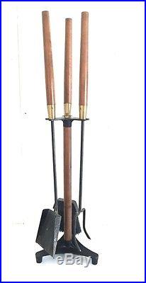 Exceptional Vtg Mid Century Modern SEYMOUR FirePlace Tool Set Stand Wood Iron