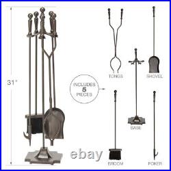 F-1634, 5-Piece Bronze Fireplace Tools Set with Ball Handles and Pedestal Base