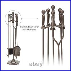 F-1634, 5-Piece Bronze Fireplace Tools Set with Ball Handles and Pedestal Base