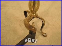 F23899C Pair Vintage Brass Clawfoot Fireplace Andirons