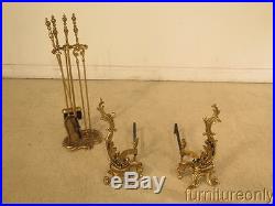 F39960E French Louis XIV Style Solid Brass Fireplace Andirons & Tool Set