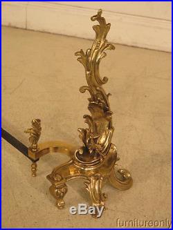 F39960E French Louis XIV Style Solid Brass Fireplace Andirons & Tool Set