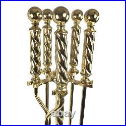 FH 5 Five Piece Fireplace Tool Set Swirl Design Heavy Shiny Gold Brass with Stand