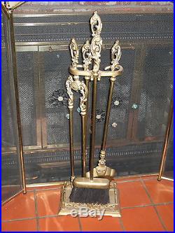 FIREPLACE TOOL SET BUTLER SOLID BRASS VERY ORNATE VICTORIAN OR ART NOUVEAU