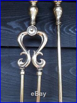 Fine Set Of 3 Art Nouveau Heavy Brass Fire Irons Tools Fireplace
