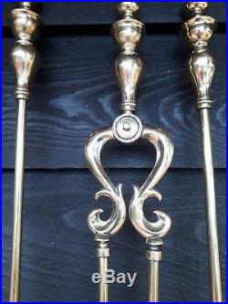 Fine Set Of 3 Art Nouveau Heavy Brass Fire Irons Tools Fireplace