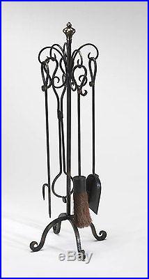 Finial Topped Black & Gold Iron Fireplace Tool Set