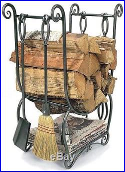 Fire Place Poker Set Tools Wood Log Rack Holder Shovel Broom Shelf Wrought Iron