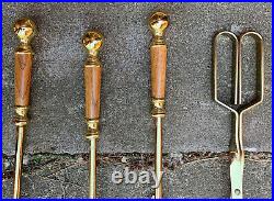 Fireplace 5 Pc Tool Set Brass & Wood Brush Shovel Poker Log Grabber Vintage