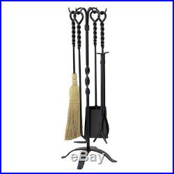 Fireplace 5 Pc Tools Set Wrought Iron Handle Brass Head Finish Twist Metal Stand