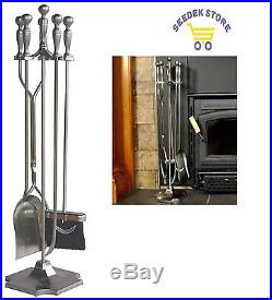 Fireplace Accessories Set Wrought Iron Cleaning Tools Classic Satin Pewter Cover