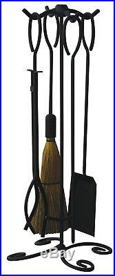 Fireplace Accessory Tools Set 5pc Black Wrought Iron Fire Set with Ring Handles