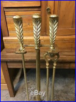 Fireplace Brass Feathers Tool Set Mid Century Modern Hollywood Regency Vintage