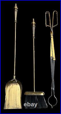 Fireplace Brass Tool Set Of 4 Stand Tongs Brush Shovel 219 Quality Sturdy Vtg