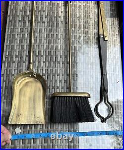 Fireplace Brass Tool Set Of 4 Stand Tongs Brush Shovel 219 Quality Sturdy Vtg