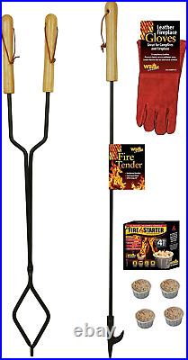 Fireplace Fire Pit Campfire Tool Gift Set Firetender Tongs Poker Gloves and Fi