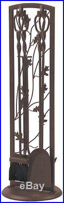 Fireplace Screen Tool Colonial Brown Oak Leaf Stand Set 5 Piece Home Cabin Brown