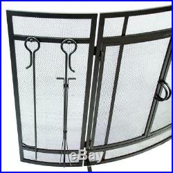 Fireplace Screen and Tool Set Combo 3-Panel Curved with Tools in Vintage Iron