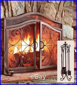 Fireplace Screen with Doors Firescreen Fire Place Guard Ornamental Wrought Iron