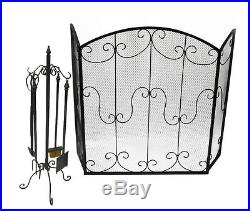 Fireplace Set Screen and Tools Package Black Cast Iron Look Fireplace