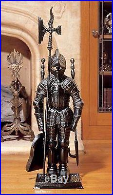 Fireplace Tool Hearth Set Black Knight Stand w 3 Tools Cast Iron QUALITY Vintage