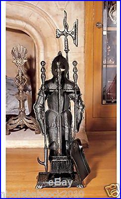 Fireplace Tool Hearth Set Black Knight Stand w 3 Tools Cast Iron antique FRENCH